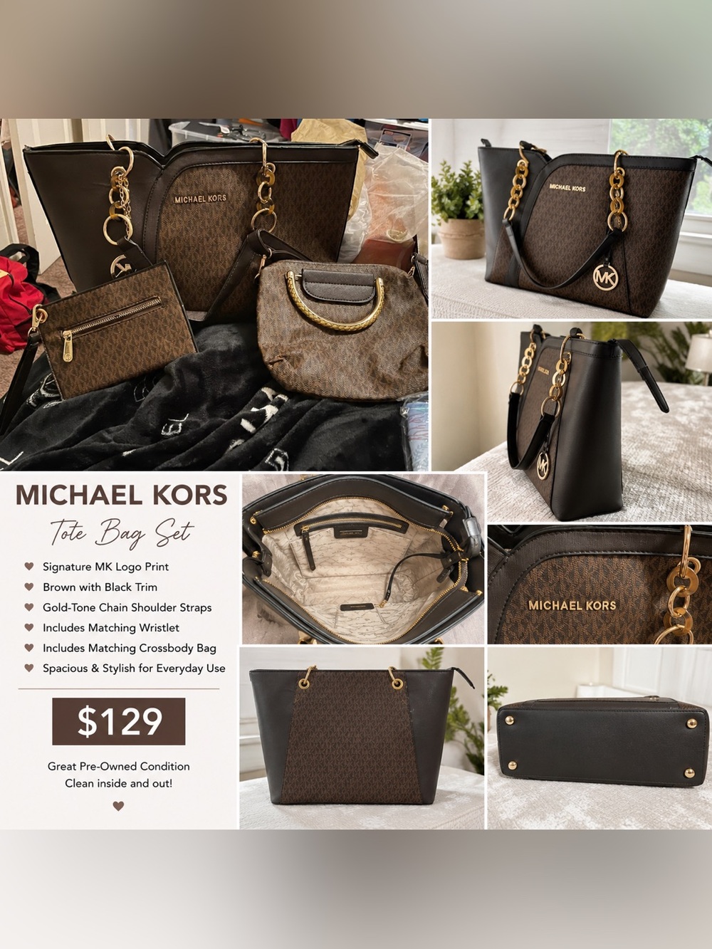Michael Kors Brown & Black Logo 3-Piece Handbag Set with Gold Hardware
